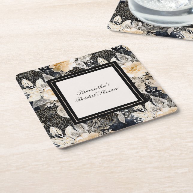 Dessous-de-verre Carré En Papier Mariage Noir Crème Léopard Animal Floral (Incliné)