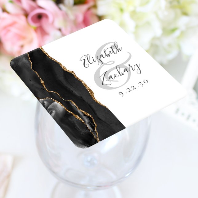 Dessous-de-verre Carré En Papier Mariage noir or script géode d'agate (Créateur téléchargé)