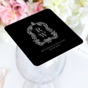 Dessous-de-verre Carré En Papier Mariage Noms de Famille Armoiries Vintage Noir Bla