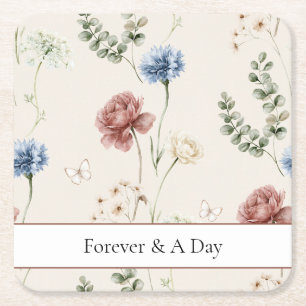 Dessous-de-verre Carré En Papier Mariage Papillon Fleurs Roses Bourguignon Blanc Bl