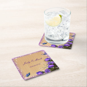 Dessous-de-verre Carré En Papier Mariage Papillon Floral Violet Bois Rustique