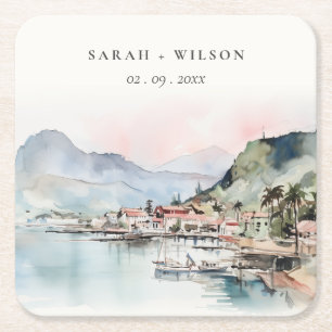 Dessous-de-verre Carré En Papier Mariage Paysage Aquarelle Kauai Hawaï