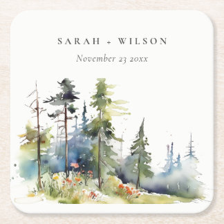 Dessous-de-verre Carré En Papier Mariage paysager Chic Watercolor Pine Forest