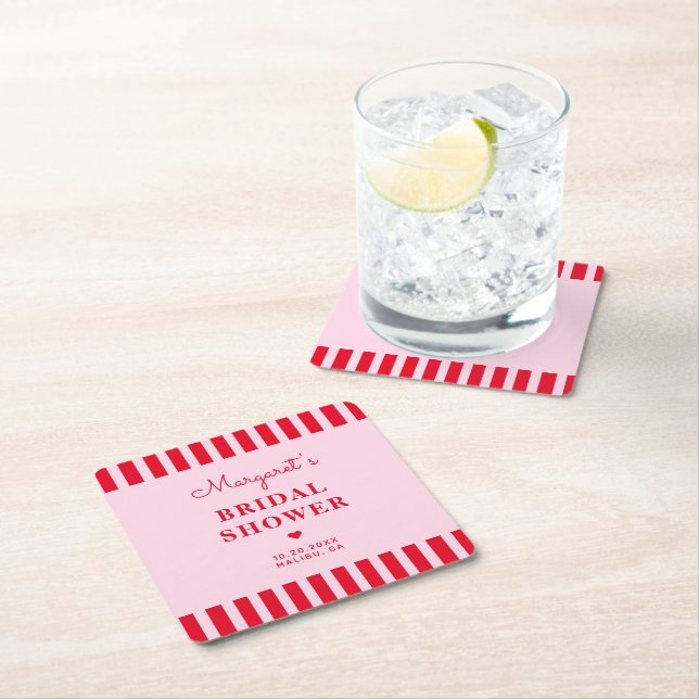 Dessous-de-verre Carré En Papier Mariage Personnalisé Rétro Rayures Roses et Rouges (En situation)
