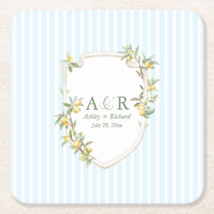 Dessous-de-verre Carré En Papier Mariage Rayure Côtière au Citron Méditerranéen