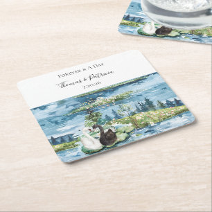 Dessous-de-verre Carré En Papier Mariage Romantique Cygnes Lys Nénuphars Bleu Lac