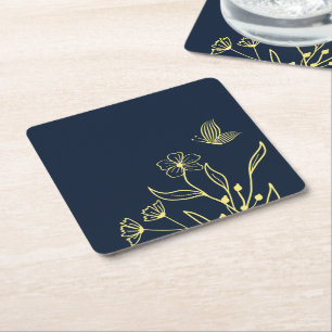 Dessous-de-verre Carré En Papier Mariage romantique élégant or fleurs marine