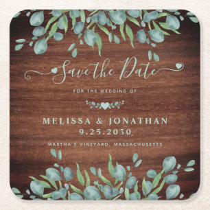 Dessous-de-verre Carré En Papier Mariage Rustique Eucalyptus Bois Enregistrer La Da