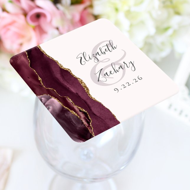 Dessous-de-verre Carré En Papier Mariage Script Agate Géode Bordeaux Rose Gold (Créateur téléchargé)