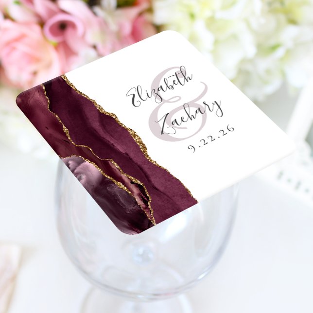 Dessous-de-verre Carré En Papier Mariage Script Agate Géode Bourgogne Or (Créateur téléchargé)