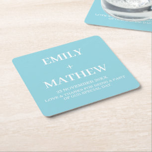 DESSOUS-DE-VERRE CARRÉ EN PAPIER MARIAGE SIMPLE ET ÉLÉGANT NOM PERSONNALISÉ BLEU ET