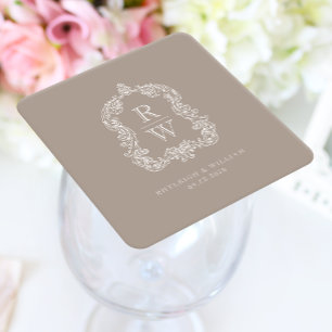 Dessous-de-verre Carré En Papier Mariage Taupe Armoiries Monogramme Vintage