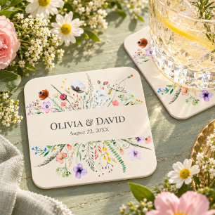 Dessous-de-verre Carré En Papier Mariage Taupe Prairie de Fleurs Sauvages