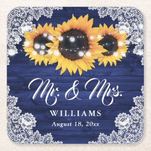 Dessous-de-verre Carré En Papier Mariage Tournesol Bois Rustique Bleu Marine