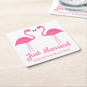 Dessous-de-verre Carré En Papier Mariage Tropical Plage Flamants Roses Just Married