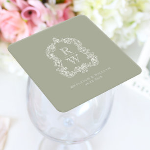 Dessous-de-verre Carré En Papier Mariage Vintage Monogramme Crête Noms Vert Sauge
