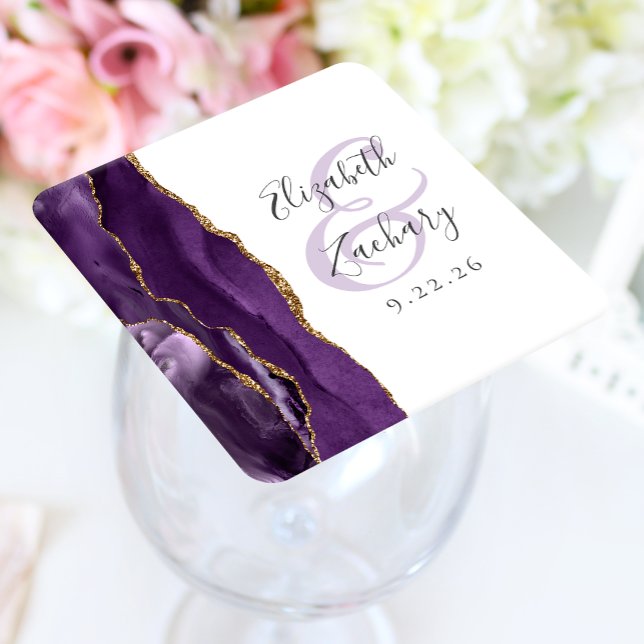 Dessous-de-verre Carré En Papier Mariage Violet Or Agate Géode Script (Créateur téléchargé)