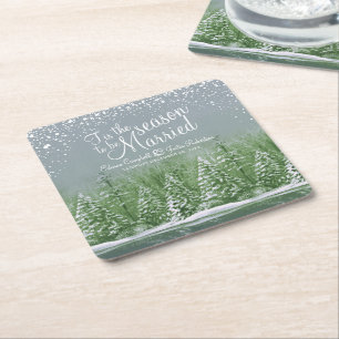 Dessous-de-verre Carré En Papier Mariages d'hiver pins lac vert