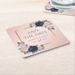 Dessous-de-verre Carré En Papier Marine Blue Gold Blush Wedding Enregistrer La Date