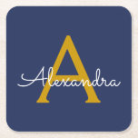 Dessous-de-verre Carré En Papier Marine Blue Gold Modern Script Girl Monogramme Nom<br><div class="desc">Dessous de verre en papier pour monogramme simple bleu marine et or. Cela fait le cadeau parfait de remise de diplômes,  anniversaire,  mariage,  douche nuptiale,  anniversaire,  baby shower ou bachelorette pour quelqu'un qui aime le luxe glam et les styles chic.</div>