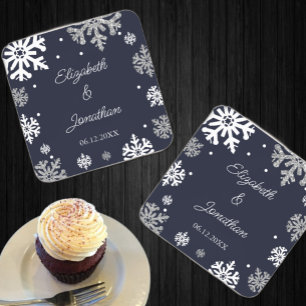 Dessous-de-verre Carré En Papier Marine Blue Snowflakes Mariage d'hiver
