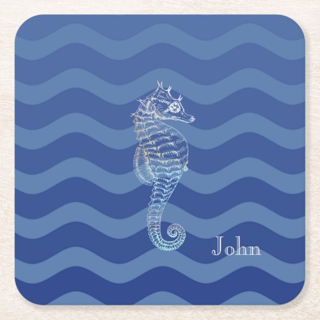 Dessous-de-verre Carré En Papier Marine Nautique Bleu Stripe Vagues Seahorse (Devant)