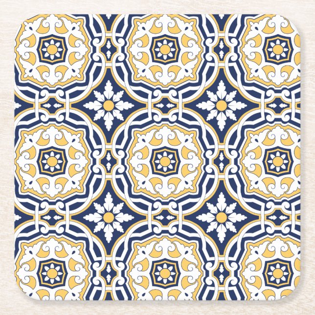Dessous-de-verre Carré En Papier Marocain vif bleu jaune complexe ornement (Devant)