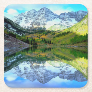 Dessous-de-verre Carré En Papier Maroon Bells se reflétant dans le lac Maroon