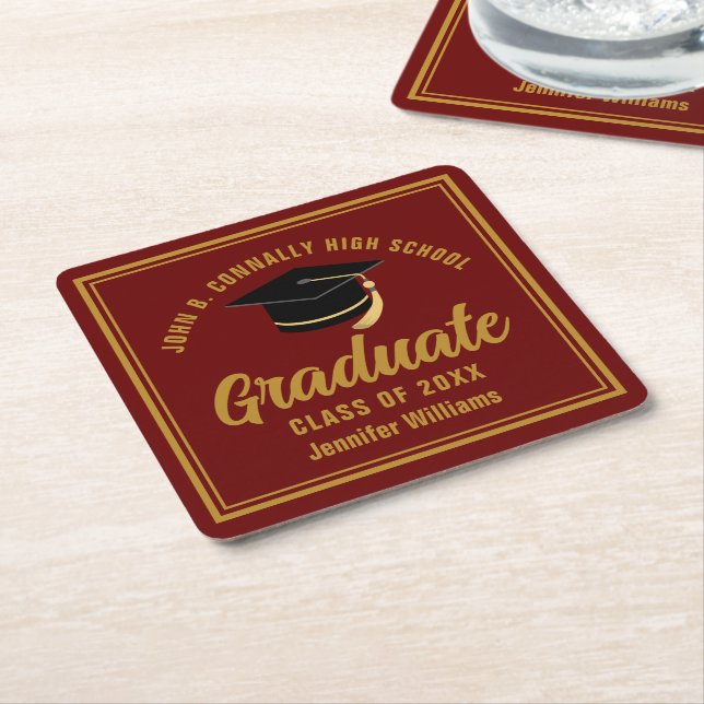 Dessous-de-verre Carré En Papier Maroon Gold Graduate Custom 2025 Graduation Party (Incliné)