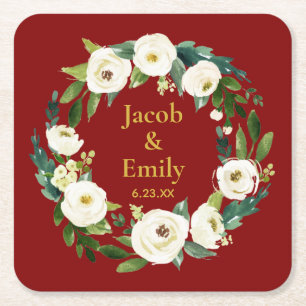 Dessous-de-verre Carré En Papier Maroon Green Noms personnalisés Date Mariage