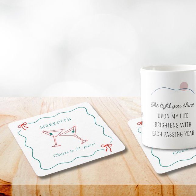 Dessous-de-verre Carré En Papier Martini fête ses 21 ans (Martini Cheers to 21 Years Birthday Party Square Paper Coasters)