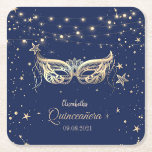 Dessous-de-verre Carré En Papier Mascarade, Étoiles Bleu Marine Quinceañera   