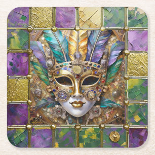 Dessous-de-verre Carré En Papier Masque à plumes coloré en céramique et or Mardi Gr