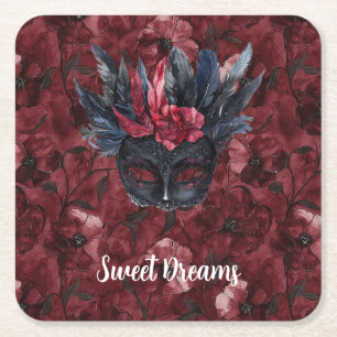 Dessous-de-verre Carré En Papier Masque à plumes rouge burgundy noir pour enterreme