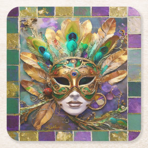 Dessous-de-verre Carré En Papier Masque de plumes de paon vert et or de Mardi Gras