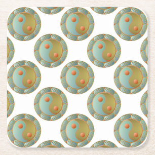 Dessous-de-verre Carré En Papier Médaillon Yin Yang Or Turquoise