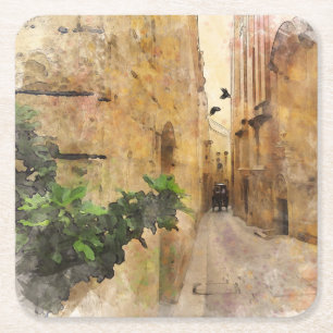 Dessous-de-verre Carré En Papier Médiéval Narrow Street Vieilles bâtisses Aquarelle