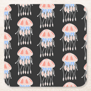 Dessous-de-verre Carré En Papier Méduse peinte à la main, motif vintage vibrant.