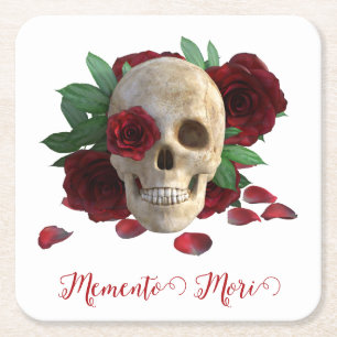 Dessous-de-verre Carré En Papier Memento Mori. Crâne aux roses rouges