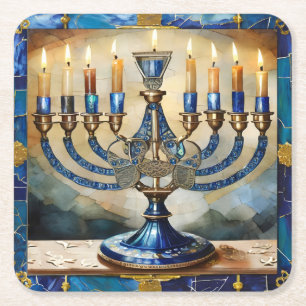Dessous-de-verre Carré En Papier Menorah de Hanukkah bleue