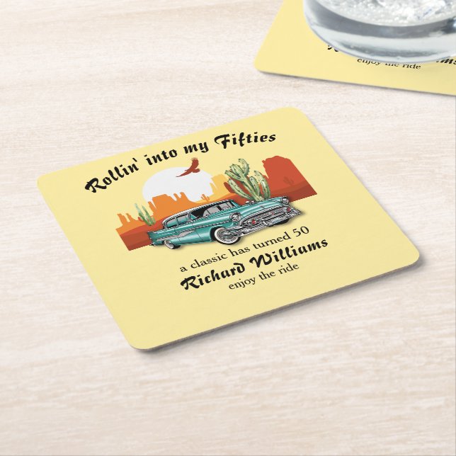 Dessous-de-verre Carré En Papier Men's Retro Classic Blue Car Desert 50th Birthday (Incliné)