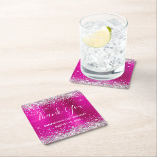 Dessous-de-verre Carré En Papier Merci Anniversaire 21 ans Paillettes Rose Chaud Ar