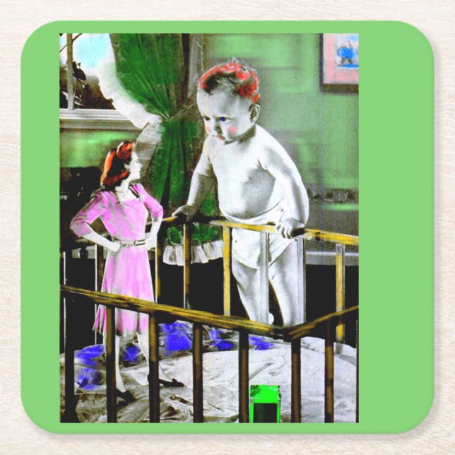 Dessous-de-verre Carré En Papier Mère des années 1940 et son bébé géant (Devant)