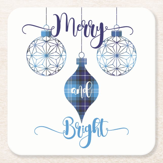 Dessous-de-verre Carré En Papier Merry and Bright Blue Plaid Ornament (Devant)