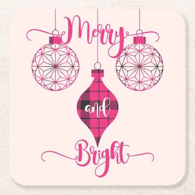 Dessous-de-verre Carré En Papier Merry and Bright Pink Plaid Ornament (Devant)