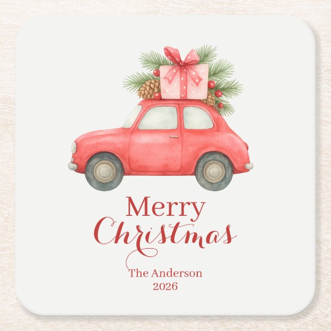 Dessous-de-verre Carré En Papier Merry Christmas Red Car – Personalized Holiday  (Devant)