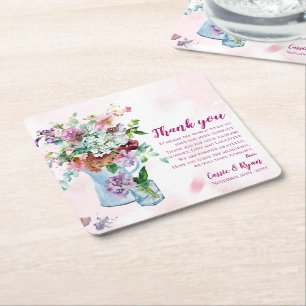 Dessous-de-verre Carré En Papier Message de Merci de Mariage de couleur d'eau rose