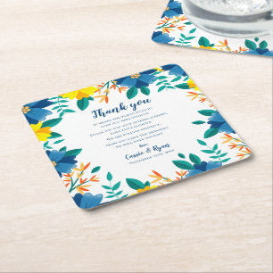 Dessous-de-verre Carré En Papier Message de Merci Mariage bleu jaune chic