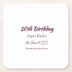 Dessous-de-verre Carré En Papier Message simple nom date rose violet pour 20e anniv