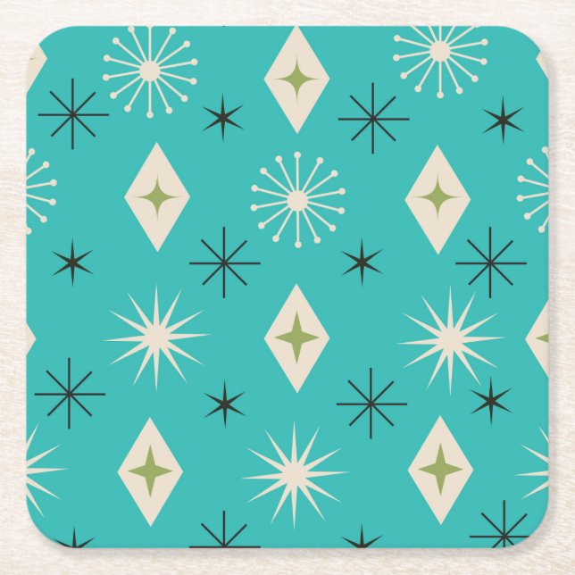 Dessous-de-verre Carré En Papier Mid Century Atomic Stars with diamonds on Teal  (Devant)